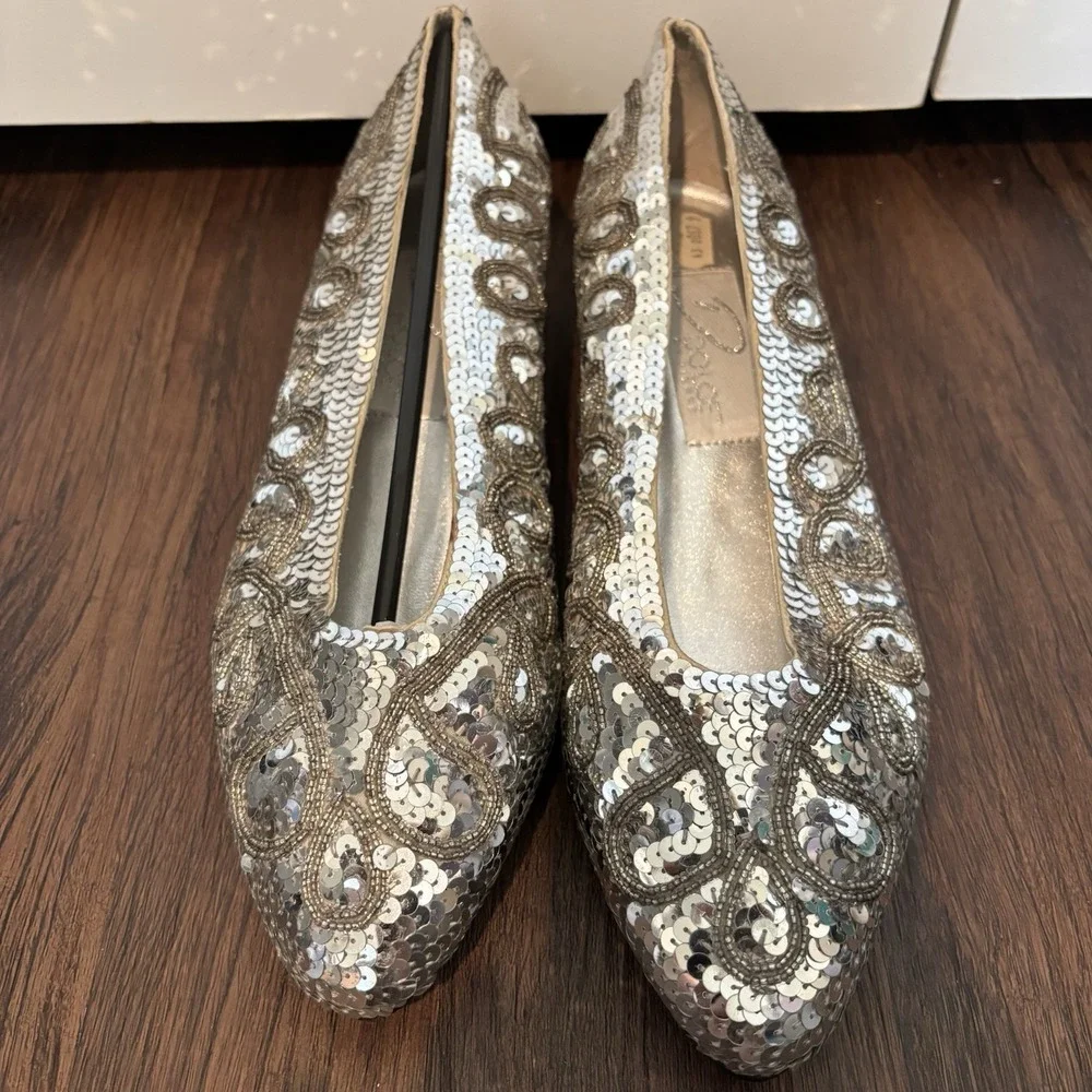 Dolce by Pierre Sz 9.5 Womens Flata Silver Sequin Party Glitter Clubwear‎